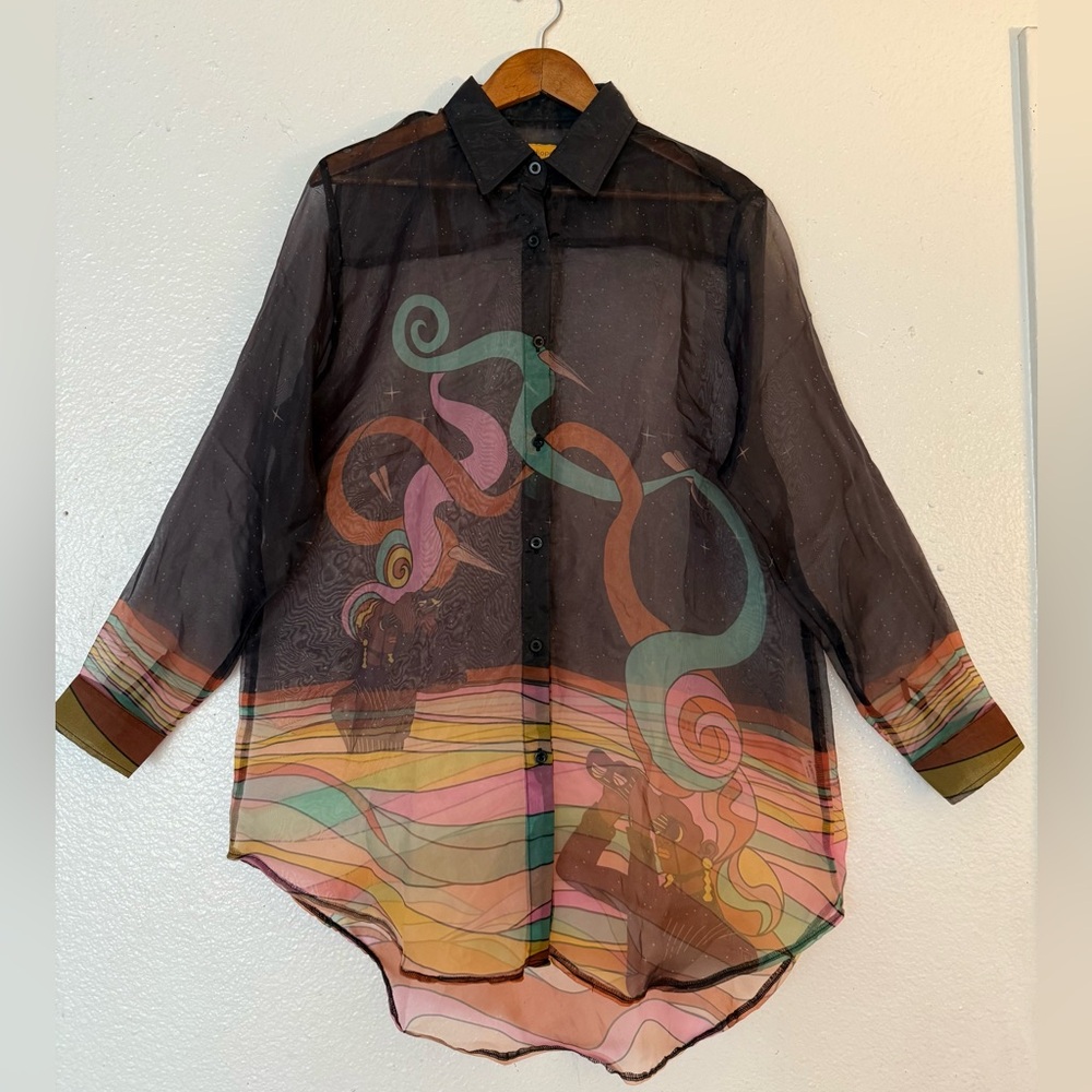 Obsidiopolis Chic Sheer Black and Multicolor Women's  blouse size L
